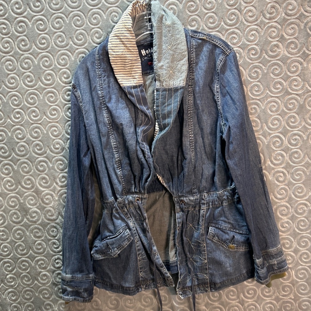 Holding Horses Denim Jacket‎ Women Medium Blue Cargo Embellished Shawl Collar